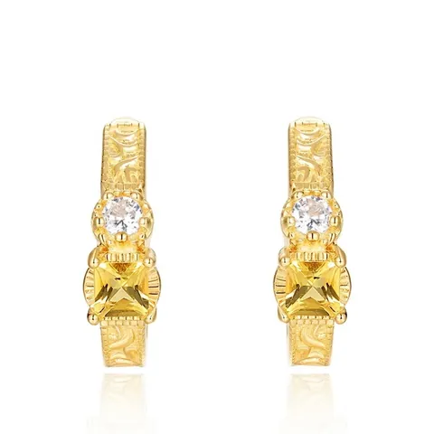 Boucles d'Oreilles Clous en Argent Sterling 925 Plaqué Or Avec Citrine Motif de Fleur Gravé Rétro pour Femmes
