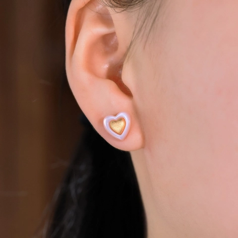 Orecchini a Bottone a Cuore in Argento Sterling S925 per Donna Conchiglia Rosa Intarsiata Spazzolati a Mano Placcati Oro Vero