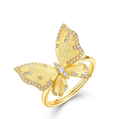 Vintage Vlinder S925 Sterling Zilver Verguld Verstelbare Open Ring Handgemaakt Geborstelde Textuur Zirconia Sieraden