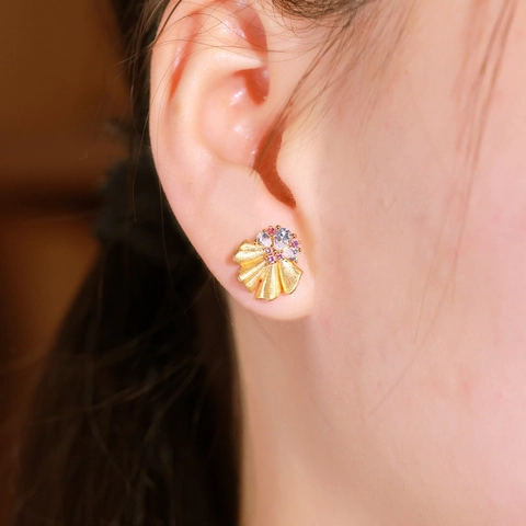 Vintage Handmade Brushed Ginkgo Leaf Stud Earrings 925 Sterling Silver Gold Plated Zirconia Inlaid Elegant Jewelry For Women