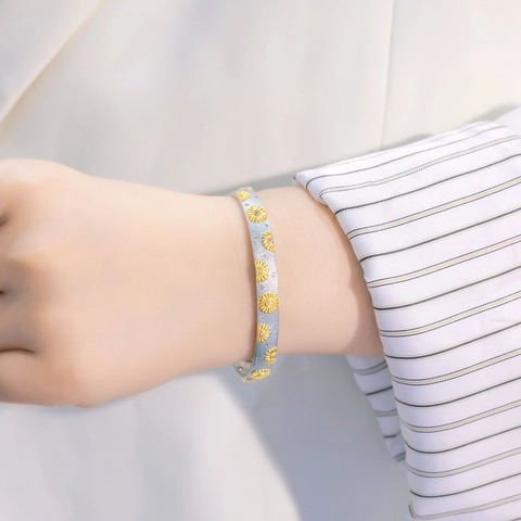 S925 Sterling Silver Daisy Bangle For Women Hand Brushed Gold Plated Sunflower Open Cuff Bracelet Exquisite Zirconia Jewelry
