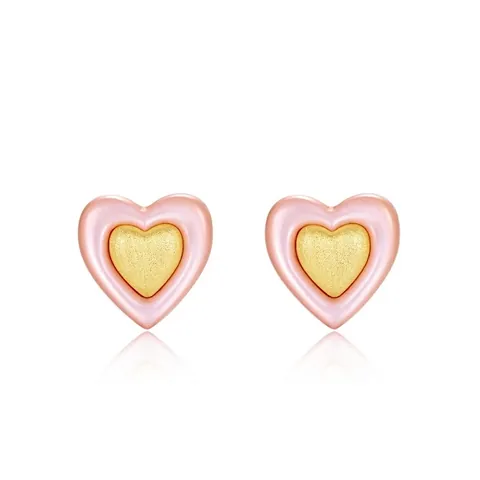Orecchini a Bottone a Cuore in Argento Sterling S925 per Donna Conchiglia Rosa Intarsiata Spazzolati a Mano Placcati Oro Vero