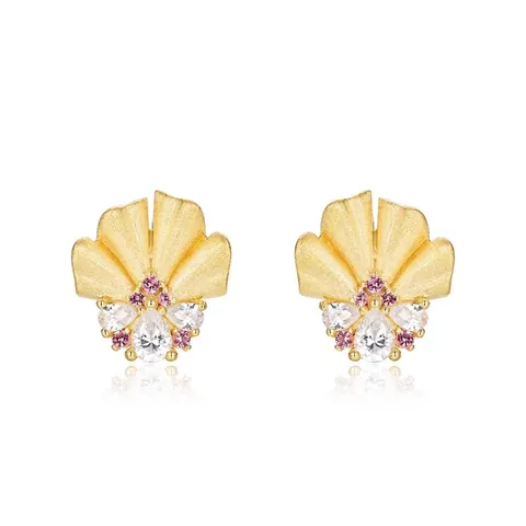 Vintage Handmade Brushed Ginkgo Leaf Stud Earrings 925 Sterling Silver Gold Plated Zirconia Inlaid Elegant Jewelry For Women