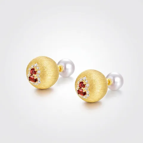 Vintage 925 Sterling Silver Garnet Stud Earrings Hand Brushed Gold Spherical Rhinestone Earrings With Artificial Pearl Backs
