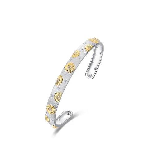 S925 Sterling Silver Daisy Bangle For Women Hand Brushed Gold Plated Sunflower Open Cuff Bracelet Exquisite Zirconia Jewelry