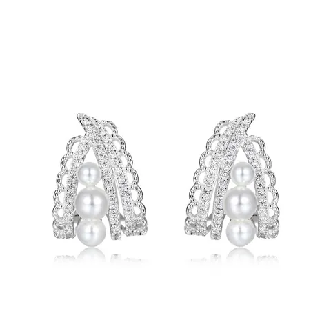 Orecchini a Bottone in Argento Sterling 925 Rétro Francese Pizzo Traforato Donna Eleganti Triangolo Geometrico Perle Artificiali Strass