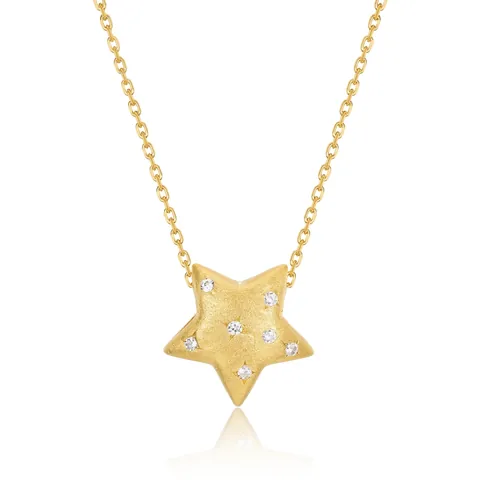 925 Sterling Silver 10K Gold Plated Star Pendant Necklace For Women Minimalist Hand Brushed Zirconia Inlaid Clavicle Chain Jewelry