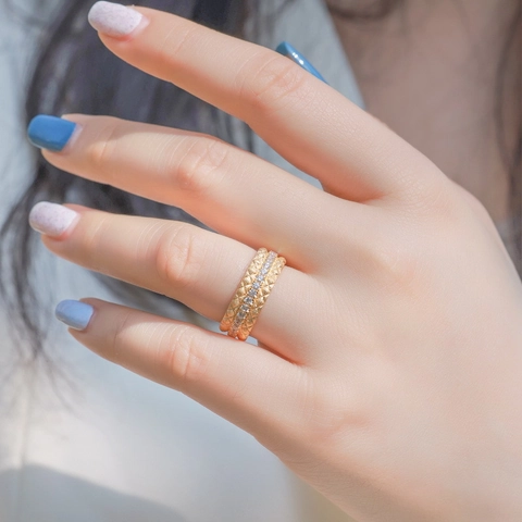 Luxury 925 Sterling Silver Quilted Open Ring French Handmade Brushed Gold Plated Zirconia Adjustable Finger Ring For Women
