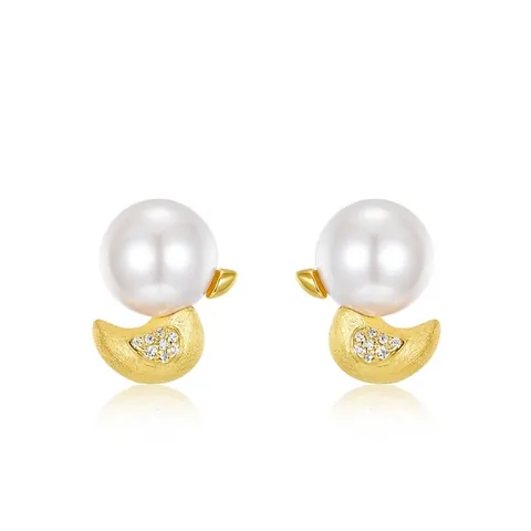 925 Sterling Silver Cute Duck Artificial Pearl Stud Earrings Gold Plated Hand Brushed Rhinestone Animal Jewelry Gift