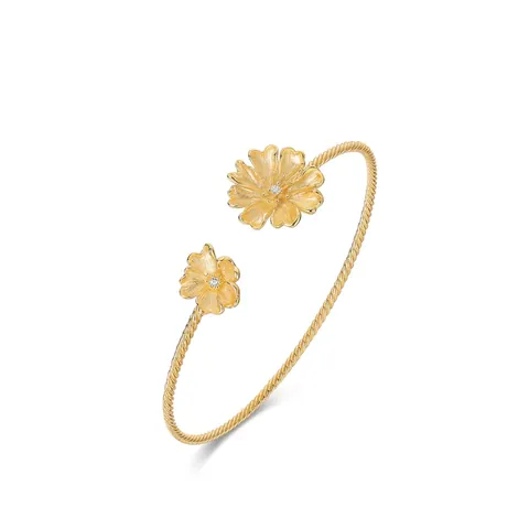 925 Sterlingsilber Blume Offene Armspange Gold Vergoldet Gebürstete Textur Zirkonia Eingelegt Handgefertigt Damen Schmuck
