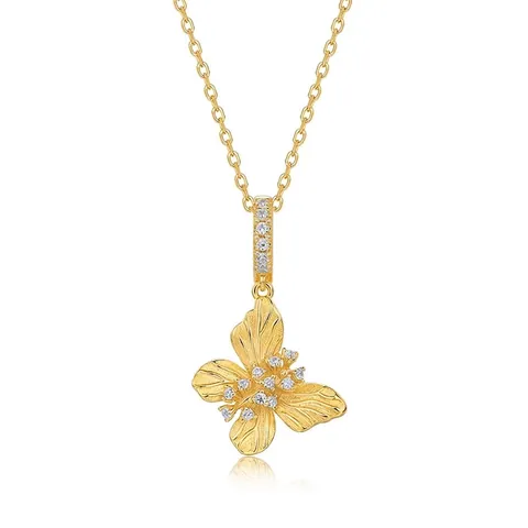 Palace Style 925 Sterling Silver Butterfly Pendant Necklace Gold Plated Brushed Texture Zirconia Inlaid Clavicle Chain For Women Jewelry
