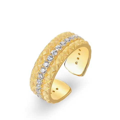 Luxury 925 Sterling Silver Quilted Open Ring French Handmade Brushed Gold Plated Zirconia Adjustable Finger Ring For Women