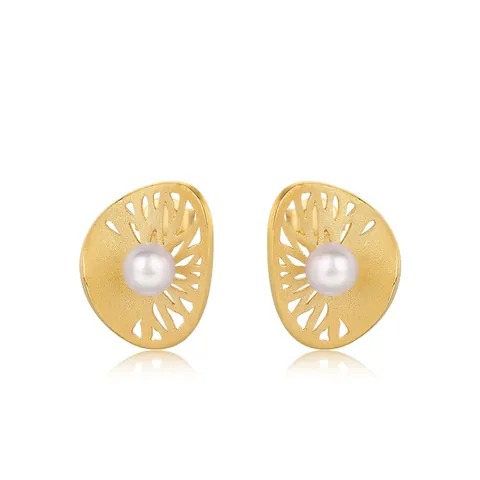 Französisches Vintage S925 Sterlingsilber Gold Vergoldet Ohrstecker Für Damen Elegantes Hohlmuster Handgebürstet Künstliche Perle Ohrringe