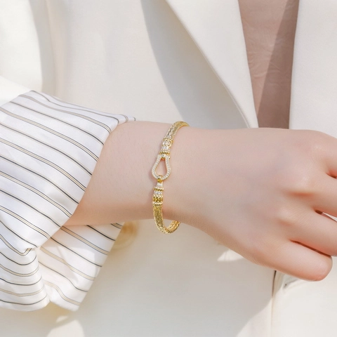 925 Sterling Silver Gold Plated Bracelet Horseshoe Buckle Braided Cable Design Minimalist Luxury Zirconia Inlaid Bangle For Women