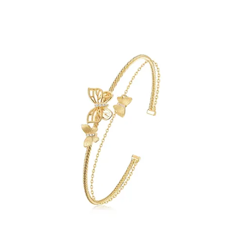 Luxury 925 Sterling Silver Gold Plated Butterfly Open Bangle For Women French Style Zirconia Inlaid Brushed Texture Bracelet Jewelry