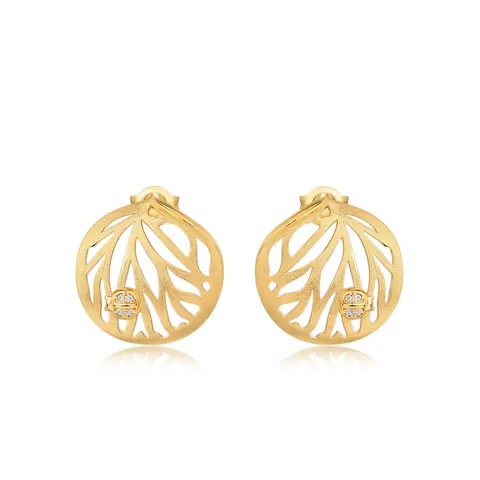925 Sterling Silver Gold Plated Stud Earrings Hollow Leaf Vein Round Ladybug Zirconia Hand Brushed Fashion Jewelry For Women