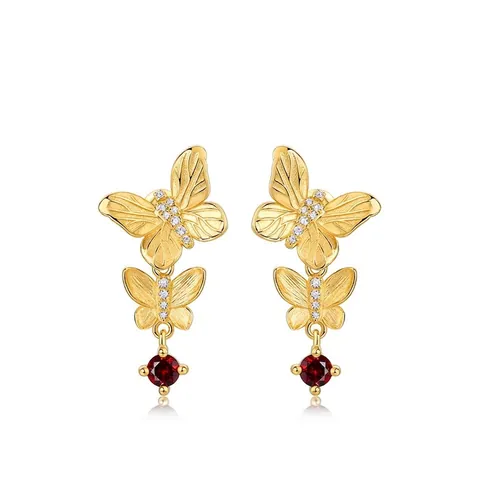 925 Sterling Silver Brushed Gold Butterfly Drop Earrings With Red Garnet Rhinestone Vintage Elegant Stud Earrings For Women
