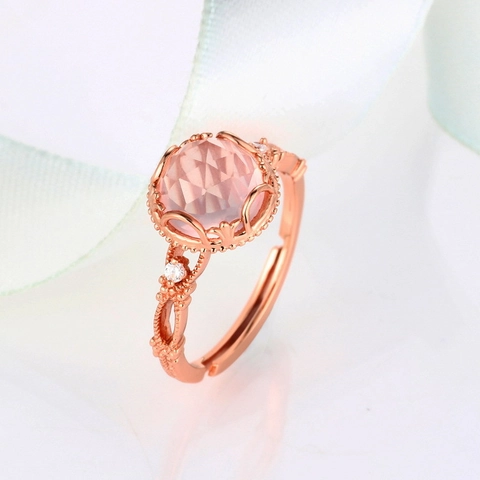 Vintage 925 Sterling Silver Adjustable Open Ring For Women With Natural Pink Quartz Opal Stone Rhinestone Geometric Ring
