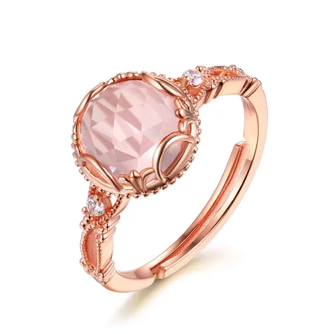 Vintage 925 Sterling Silver Adjustable Open Ring For Women With Natural Pink Quartz Opal Stone Rhinestone Geometric Ring