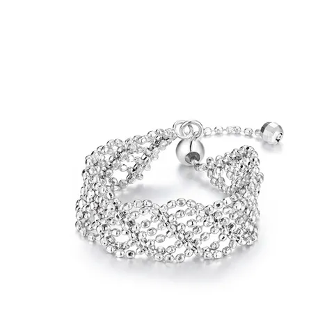 Anillo de Plata de Ley 925 con Malla Hueca y Encaje para Mujer Anillo Ajustable de Cadena de Perlas Suaves Estilo Vintage