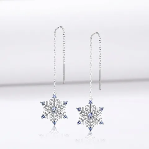 Orecchini a Filo in Argento Sterling 925 a Forma di Fiocco di Neve con Spinello Blu e Zirconia Intarsiata Gioielli di Natale per Donna