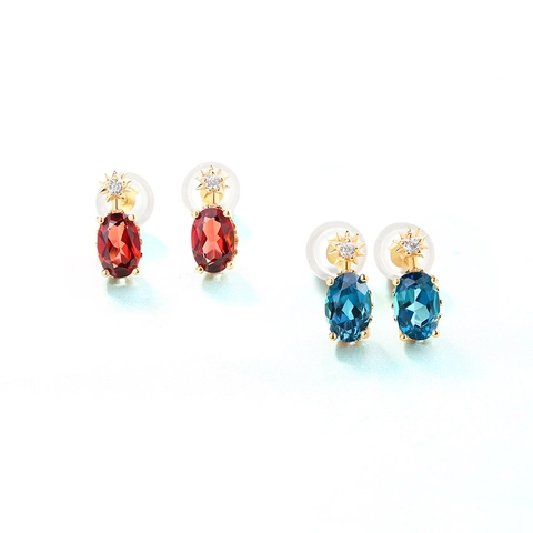 925 Sterling Silver Stud Earrings For Women Gold Plated Oval Natural London Blue Topaz Garnet Zirconia Starburst Jewelry