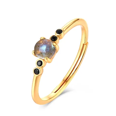 Simple 925 Sterling Silver Open Ring For Women Natural Labradorite Black Zirconia Gold Plated Adjustable Fashion Jewelry Ring Gift
