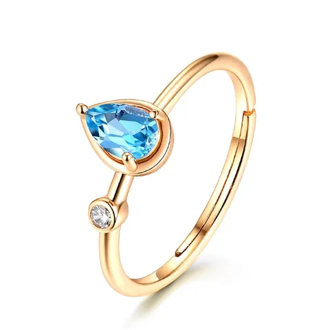 Anello Aperto in Argento Sterling 925 Con Topazio Blu Naturale Goccia d'Acqua Zirconia Bianca Placcato Oro Donna Gioielli