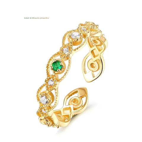 Anello Aperto Vintage in Argento Sterling 925 Con Smeraldo Naturale e Zirconia Pizzo Regolabile Placcato Oro Gioielli Donna