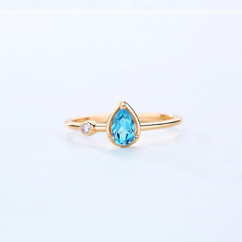 Anello Aperto in Argento Sterling 925 Con Topazio Blu Naturale Goccia d'Acqua Zirconia Bianca Placcato Oro Donna Gioielli