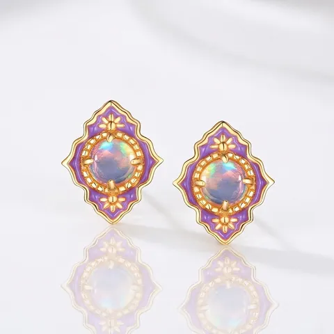 Vintage S925 Sterling Silver Natural Opal Stud Earrings For Women Purple Enamel Rhombus Geometric Gold Plated Luxury Jewelry Gift