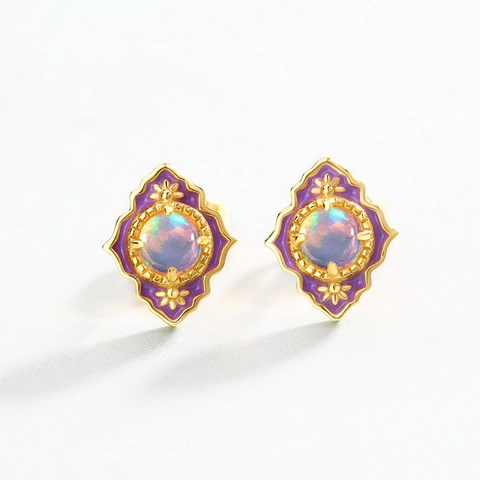 Vintage S925 Sterling Silver Natural Opal Stud Earrings For Women Purple Enamel Rhombus Geometric Gold Plated Luxury Jewelry Gift