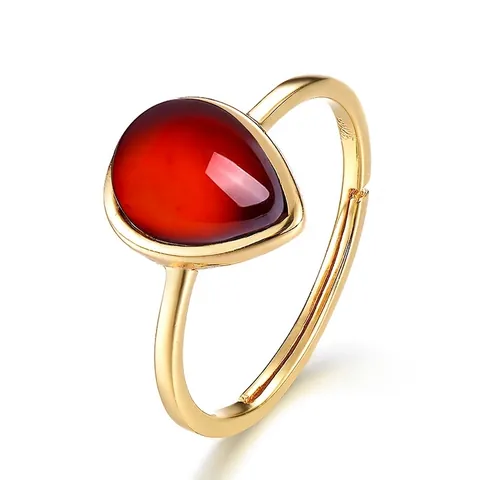 Elegant 925 Sterling Silver Natural Garnet Waterdrop Ring Gold Plated Adjustable Open Ring For Women Niche Design Jewelry Gift