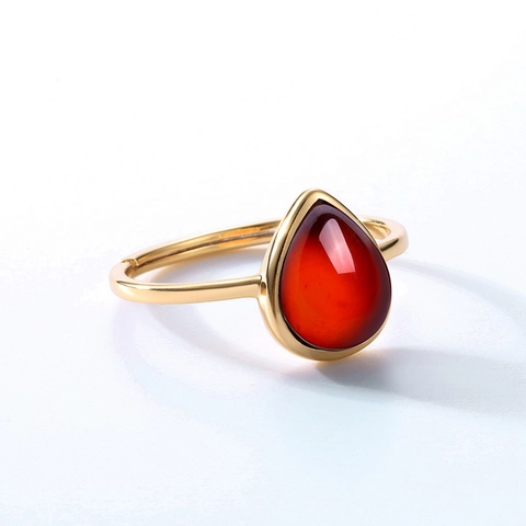 Elegant 925 Sterling Silver Natural Garnet Waterdrop Ring Gold Plated Adjustable Open Ring For Women Niche Design Jewelry Gift