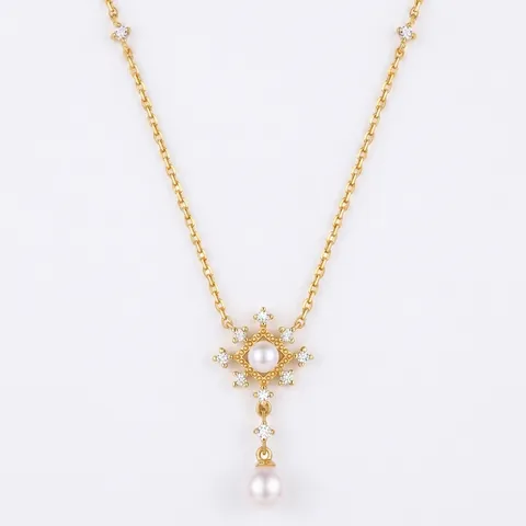 Vintage 925 Sterling Silver Freshwater Pearl Snowflake Pendant Necklace Zirconia Clavicle Chain Jewelry For Women Gift