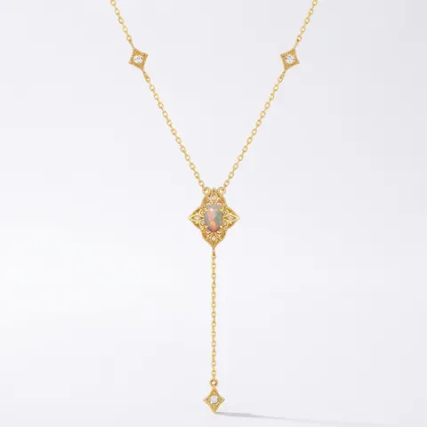 Collana Vintage in Argento Sterling 925 con Opale Naturale per Donna Retro Placcata Oro 9K Pendente a Pizzo Traforato Gioielli Zirconia
