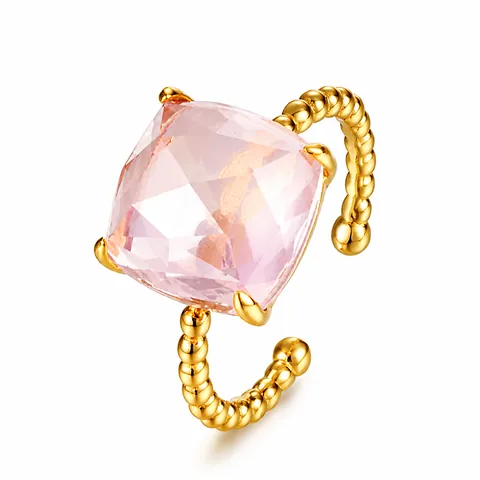 S925 Sterling Silver Gold Plated Twisted Beaded Open Ring Natural Rose Quartz Moss Agate Geometric Gemstone Jewelry For Women