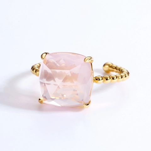 S925 Sterling Silver Gold Plated Twisted Beaded Open Ring Natural Rose Quartz Moss Agate Geometric Gemstone Jewelry For Women