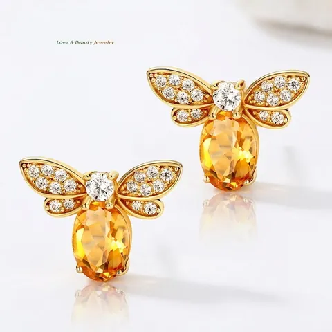 Pendientes de Botón de Abeja de Plata de Ley 925 Chapados en Oro Citrina Natural y Circonia Pendientes de Insectos para Mujer