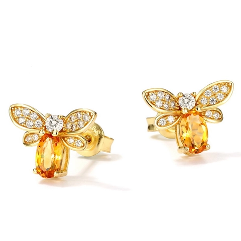 Pendientes de Botón de Abeja de Plata de Ley 925 Chapados en Oro Citrina Natural y Circonia Pendientes de Insectos para Mujer
