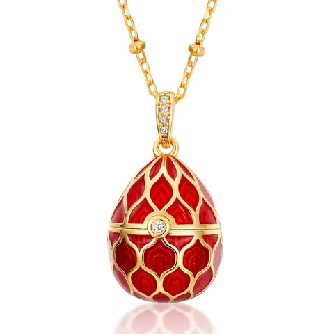 Faberge Style Red Enamel Egg Pendant Necklace 925 Sterling Silver Gold Plated Filigree Rhinestone Inlaid Vintage Jewelry