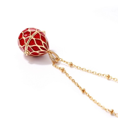 Faberge Style Red Enamel Egg Pendant Necklace 925 Sterling Silver Gold Plated Filigree Rhinestone Inlaid Vintage Jewelry