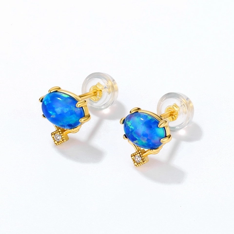 Vintage 925 Sterling Silver Synthetic Blue Opal Stud Earrings Gold Plated Zirconia Drop Jewelry For Women Daily Accessory
