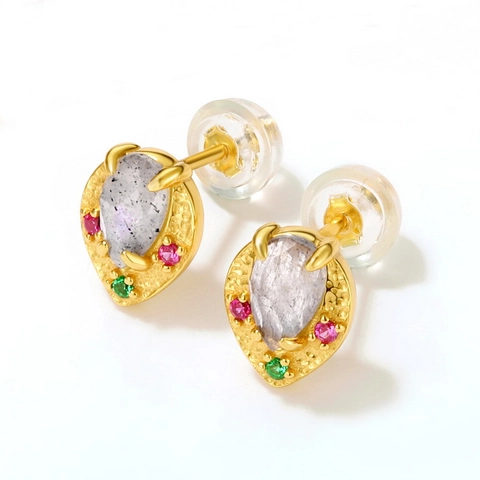 Retro 925 Sterlingsilber Labradorit Ohrstecker Für Damen Vergoldete Gehämmerte Blatt Zirkonia Edler Schmuck Elegantes Accessoire