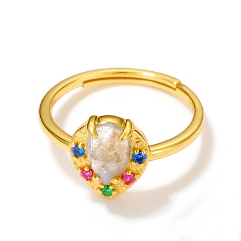 925 Sterling Silver Natural Labradorite Zirconia Adjustable Ring For Women Gold Plated Colorful Gemstone Jewelry Ring