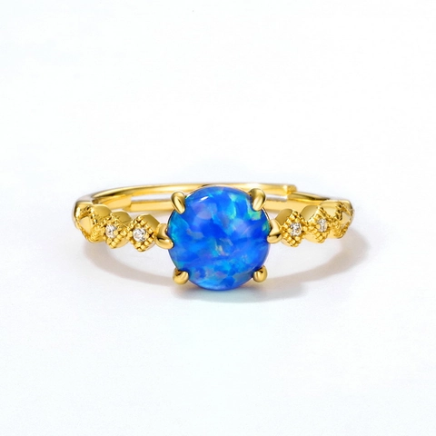S925 Sterling Zilveren 9K Vergulde Synthetische Blauwe Opaal Ring Vintage Verstelbare Zirconia Ring Voor Vrouwen
