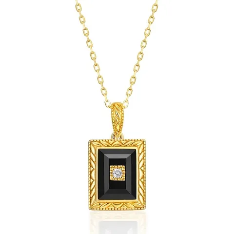 Vintage 925 Sterling Silver Black Agate Pendant Necklace For Women Gold Plated Geometric Zirconia Inlaid Ethnic Style Jewelry
