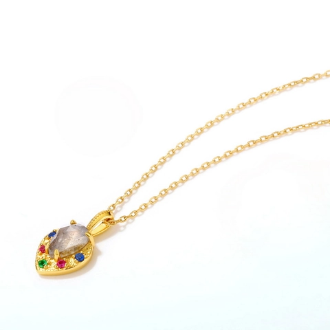 S925 Sterlingsilber Herz Anhänger Halskette Vintage Natürlicher Labradorit Bunte Strass Schmuck Für Damen