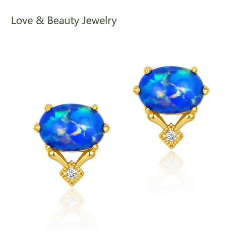 Vintage 925 Sterling Silver Synthetic Blue Opal Stud Earrings Gold Plated Zirconia Drop Jewelry For Women Daily Accessory