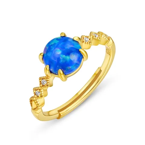S925 Sterling Zilveren 9K Vergulde Synthetische Blauwe Opaal Ring Vintage Verstelbare Zirconia Ring Voor Vrouwen